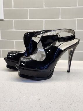 Bebe/ Black Patent Peep-Toe Platform Slingback Heels
